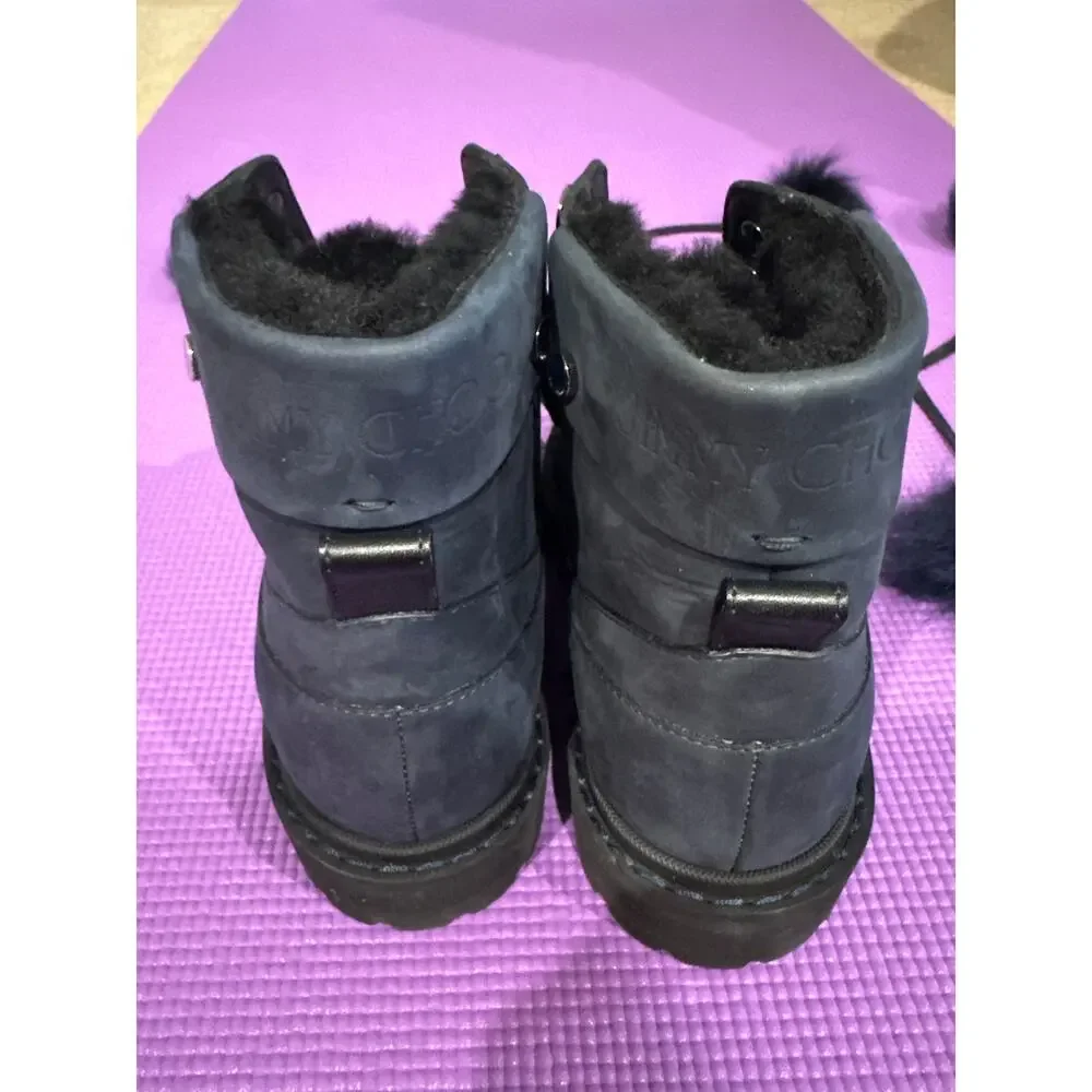 New Jimmy Choo Leather Boots Size 7 Lamb Shearling Fur Pom Pom Made in Italy